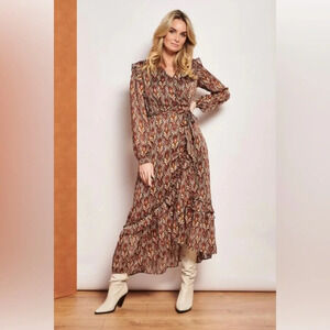 SMASHED LEMON Sz  12 Jill Riffled Faux Wrap Top Lined Sheer Sleeves Maxi Dress